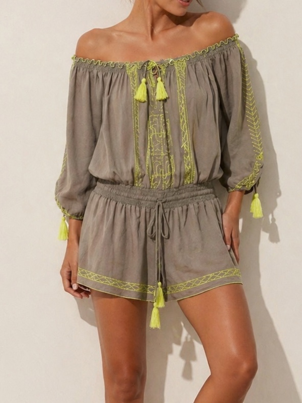 Poupette St Barth Embroidered Tassel Tie Coverup Romper Sz 1/ XS Gray Neon Boho